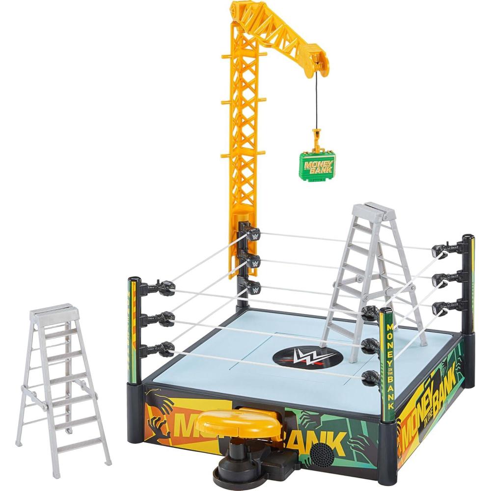 imageMattel WWE Money in The Bank Cashin Ring Playset with 2 Play Modes amp 40 Sounds amp Phrases Includes Launcher Crane Ladders amp Briefcase 13Inch x 20InchPlayset