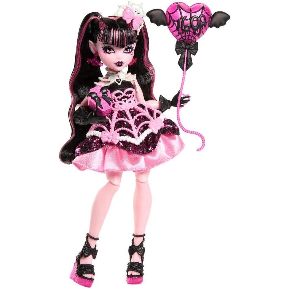 imageMonster High Scary Sweet Birthday Doll Draculaura in Pink Party Dress with Themed Accessories Like Invite Balloon Gift Fan and MoreDraculaura