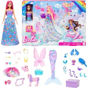 Barbie Advent Calendar with Doll & 24 Surprise Accessories Including Unicorn & 3 Pets, Transform Pink-Haired Fashion Doll into Mermaid, Fairy & More