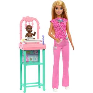 Barbie Baby Doctor Playset with Blonde Fashion Doll Wearing Pink Scrubs, Baby Doll, Furniture & Accessories(Multicolor)