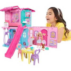 Barbie Chelsea Toy Dollhouse with 15+ Accessories, Pop-Up House Expands to 17+ x 13+ inches with 5 Play Areas & Slide, Includes Small Doll & Pet Dog