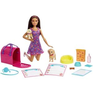 Barbie Doll & Pets Set, Blonde with Mommy Dog, 3 Newborn Puppies with Color-Change Feature & Pet Accessories(Adopt a Pup – Purple Dress)