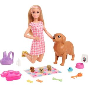 Barbie Doll & Pets Set, Blonde with Mommy Dog, 3 Newborn Puppies with Color-Change Feature & Pet Accessories(Multicolor)