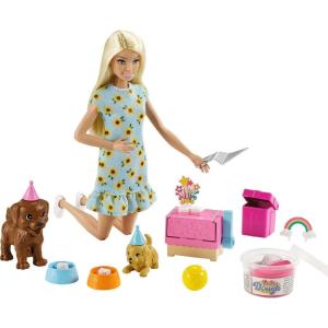 Barbie Doll & Pets Set, Blonde with Mommy Dog, 3 Newborn Puppies with Color-Change Feature & Pet Accessories(Puppy Party – Blonde)