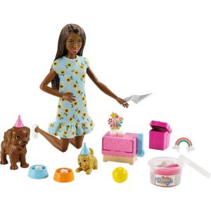 Barbie Doll & Pets Set, Blonde with Mommy Dog, 3 Newborn Puppies with Color-Change Feature & Pet Accessories(Puppy Party – Brunette)