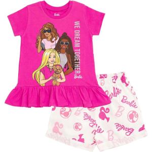 Barbie Girls Peplum T-Shirt and Twill Shorts Outfit Set Toddler to Big Kid Sizes (2T – 14-16)(Hot Pink  We Dream Together)