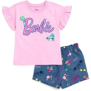 Barbie Girls Peplum T-Shirt and Twill Shorts Outfit Set Toddler to Big Kid Sizes (2T – 14-16)(Pink  Barbie)