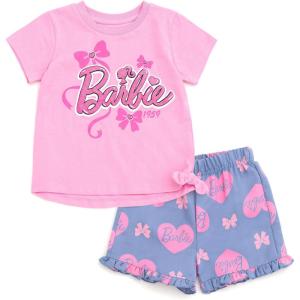 Barbie Girls Peplum T-Shirt and Twill Shorts Outfit Set Toddler to Big Kid Sizes (2T – 14-16)(Pink / Blue)
