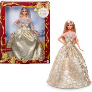 Barbie Signature 2025 Holiday Blonde Fashion Doll Wearing Silver & Gold Gown, Seasonal Collector in Displayable Packaging & Stand(Blonde)