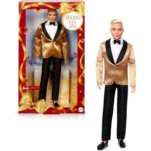 Barbie Signature 2025 Holiday Blonde Ken Collectible Fashion Doll Wearing Full Suit with Golden Jacket in Displayable Packaging & Doll Stand(Multicolor)