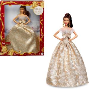 Barbie Signature 2025 Holiday Fashion Doll with Light Brown Hair Wearing Silver & Gold Gown, Seasonal Collectible Includes Displayable Packaging & Doll Stand