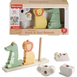 Fisher-Price Wood Baby Toy Stack & Sort Animals, 10 Wooden Pieces for Developmental Play for Infants & Toddlers Ages 1+ Years(Animals)