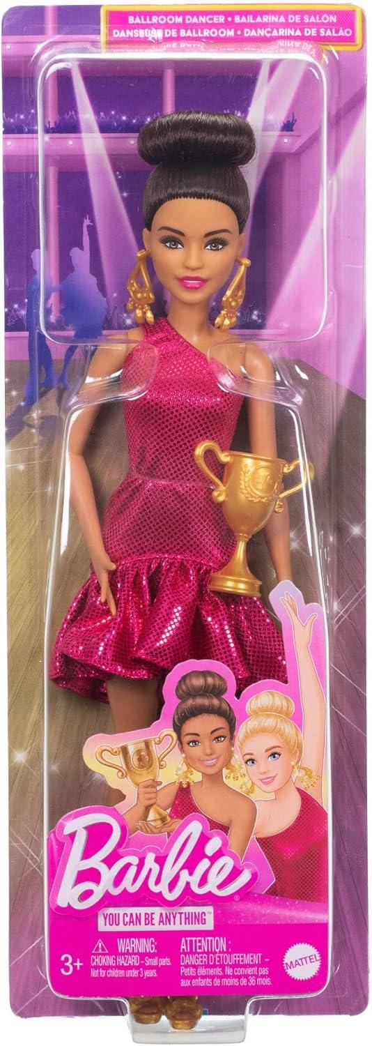 imageBarbie Ballroom Dancer Fashion Doll with Red Ruffle Dress Dancing Shoes amp Brown Styled Hair Dancing Trophy Accessory