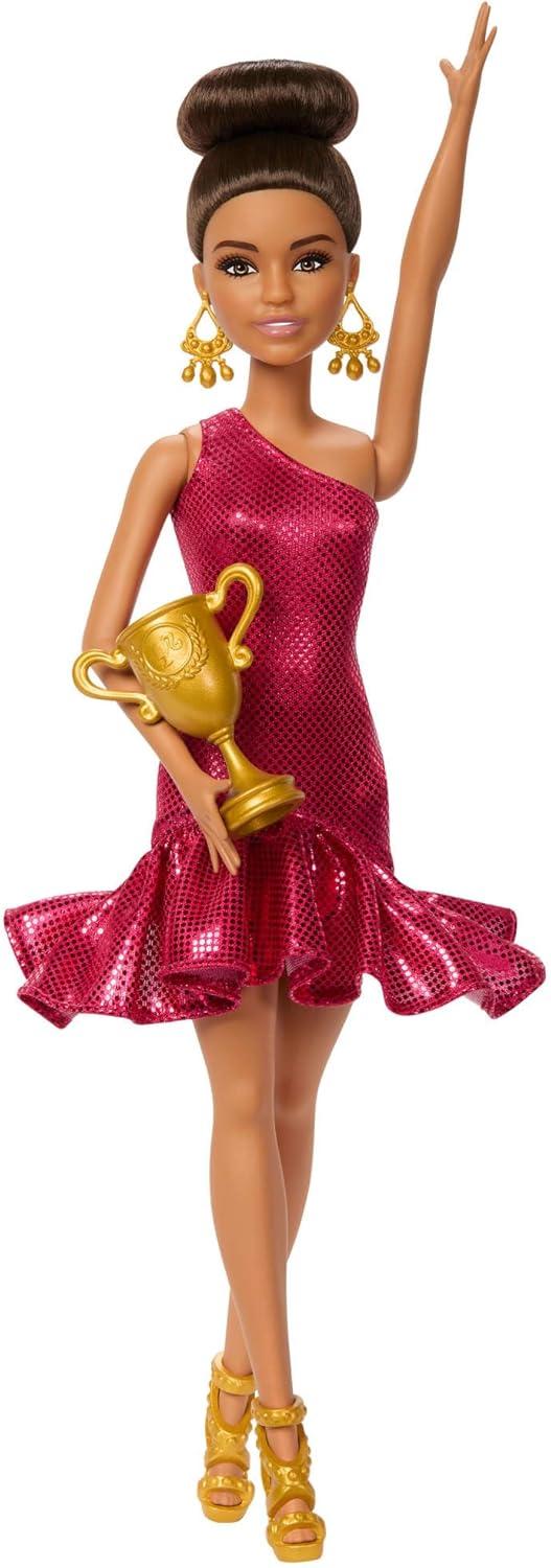 imageBarbie Ballroom Dancer Fashion Doll with Red Ruffle Dress Dancing Shoes amp Brown Styled Hair Dancing Trophy Accessory