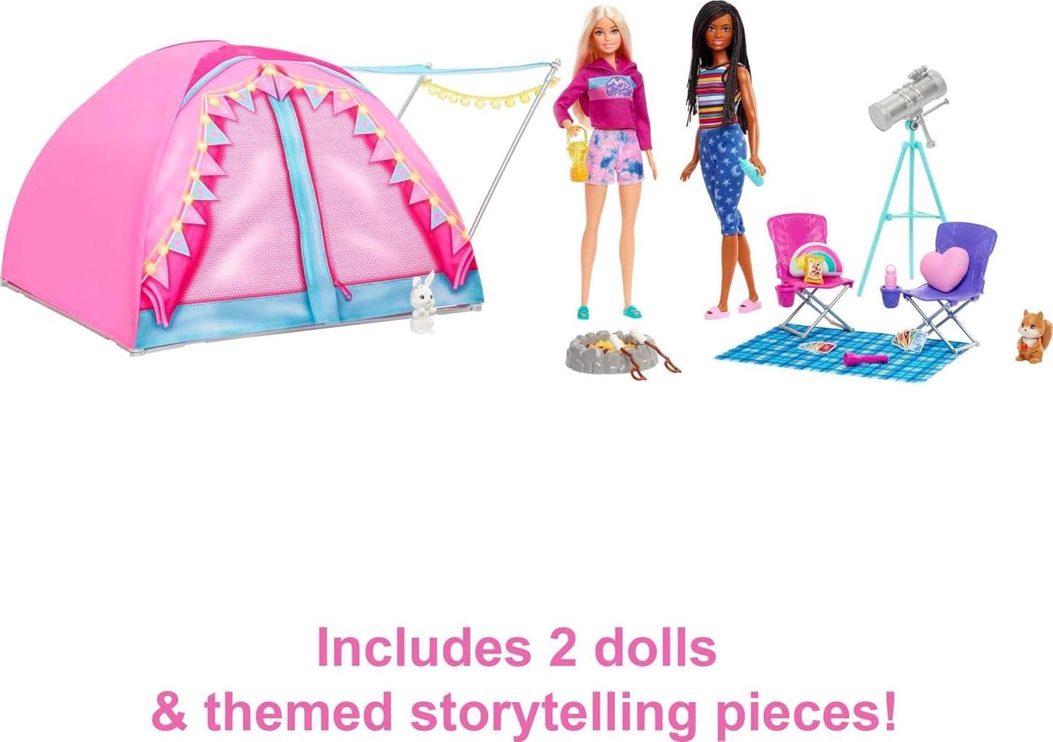 imageBarbie Dolls amp 20 Accessories It Takes Two Camping Tent Playset with Brooklyn amp Malibu Plus 2 Moving Animals Amazon Exclusive