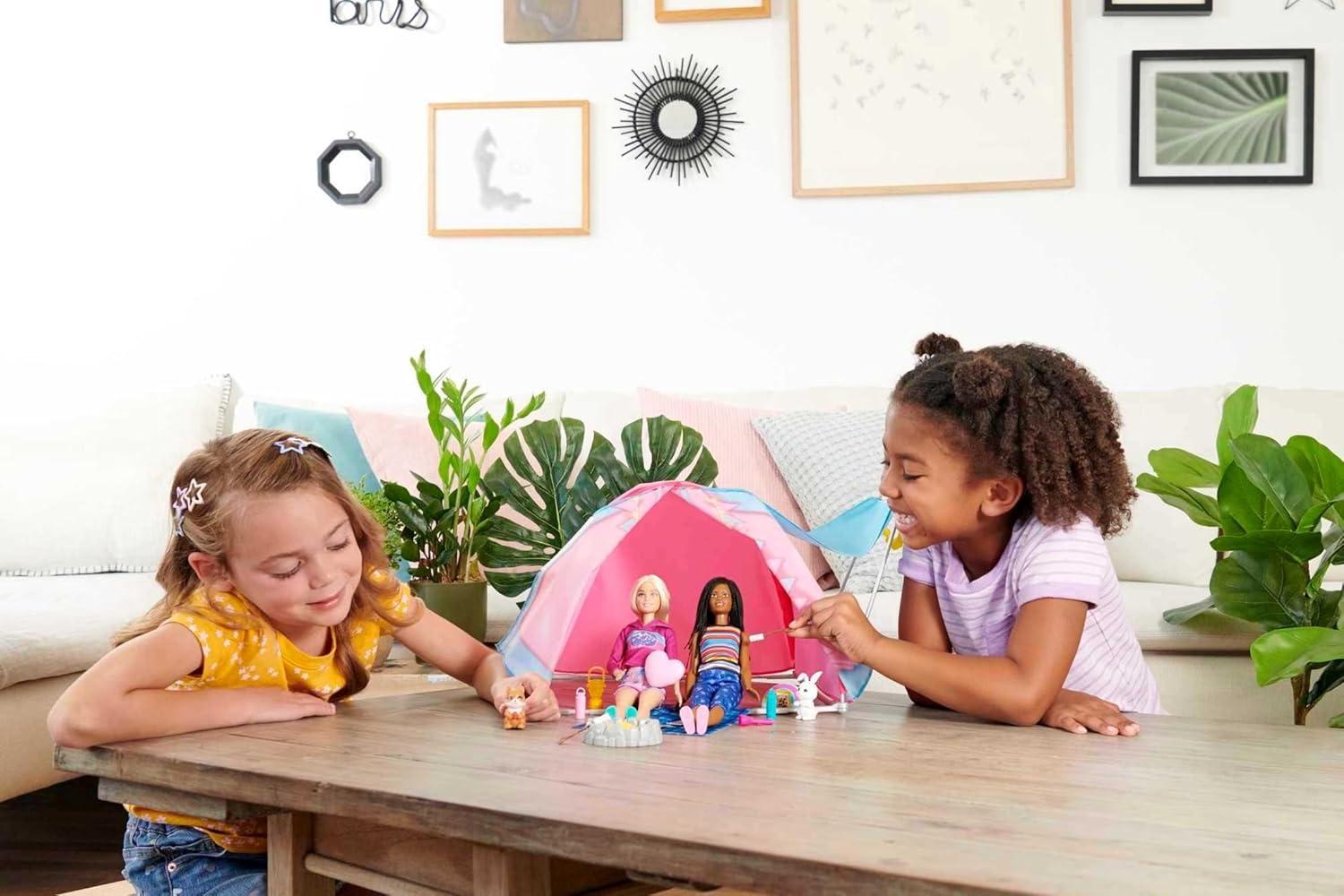 imageBarbie Dolls amp 20 Accessories It Takes Two Camping Tent Playset with Brooklyn amp Malibu Plus 2 Moving Animals Amazon Exclusive