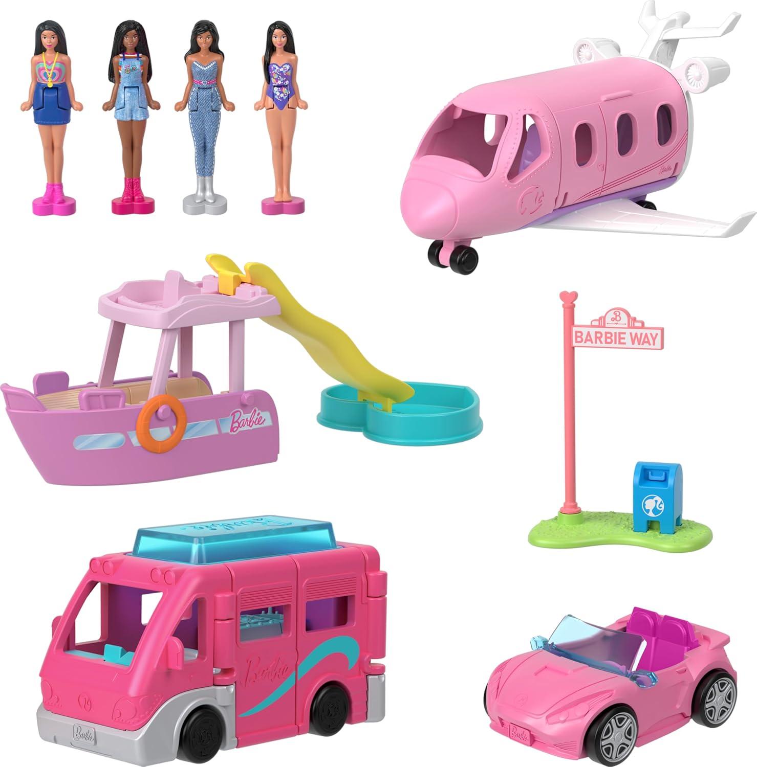 imageBarbie Mini BarbieLand MultiPack Doll amp Toy Vehicle Set with 4 Dolls 15inches Tall amp 4 Iconic Vehicles with ColorChange SurpriseDolls Golf 4 Vehicles