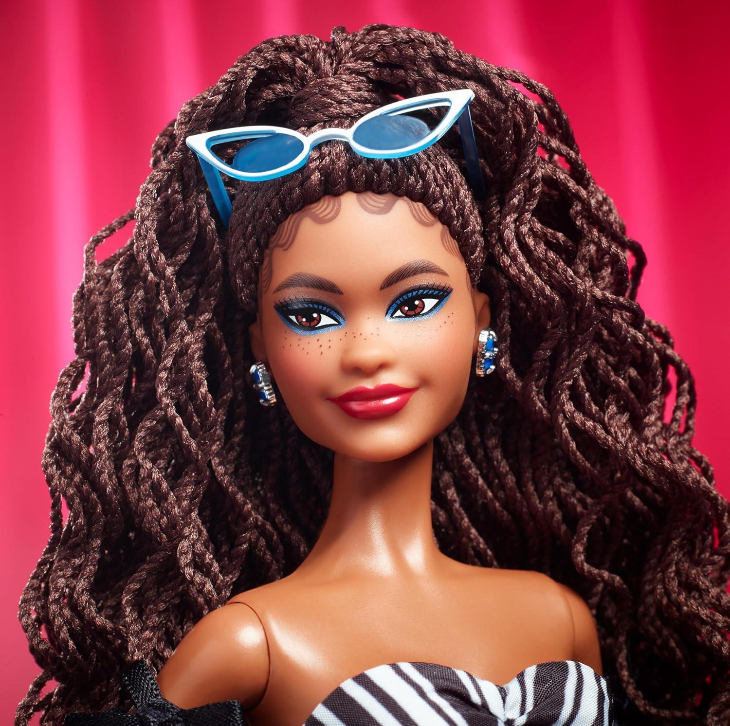 imageBarbie Signature Doll 65th Anniversary Collectible with Brown Braided Hair Black amp White Gown Sapphire Gem Earrings amp Sunglasses