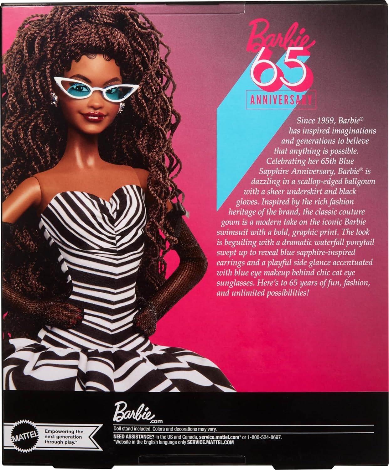 imageBarbie Signature Doll 65th Anniversary Collectible with Brown Braided Hair Black amp White Gown Sapphire Gem Earrings amp Sunglasses