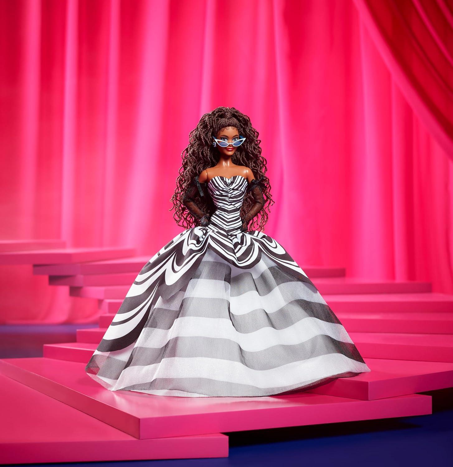 imageBarbie Signature Doll 65th Anniversary Collectible with Brown Braided Hair Black amp White Gown Sapphire Gem Earrings amp Sunglasses