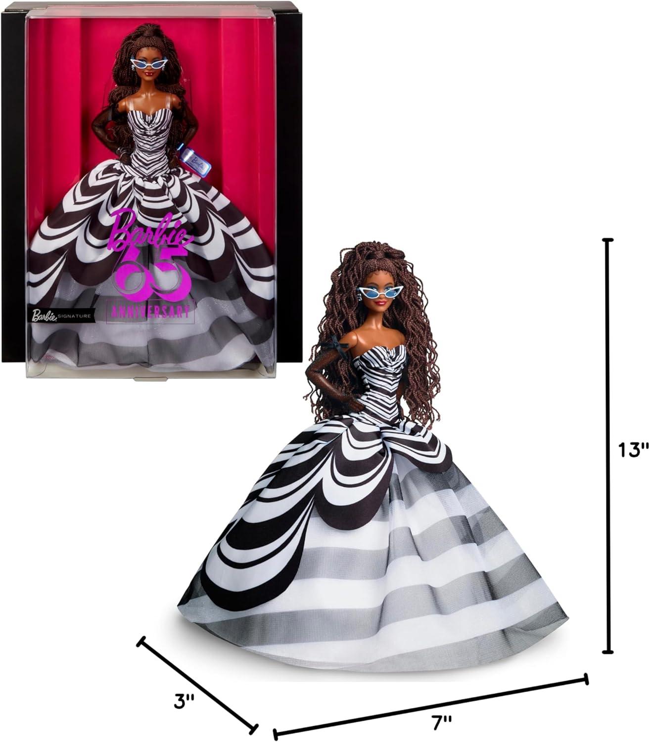 imageBarbie Signature Doll 65th Anniversary Collectible with Brown Braided Hair Black amp White Gown Sapphire Gem Earrings amp Sunglasses