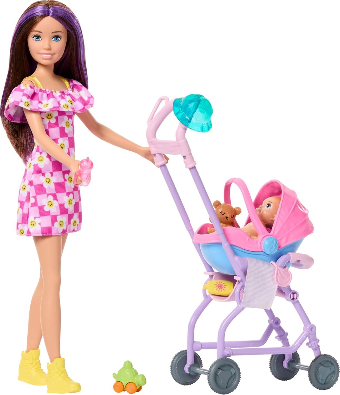 imageBarbie Skipper Babysitters Inc Playset with Brunette Doll Brunette Toddler Doll High Chair amp 8 Accessories Including Food 2Stroller
