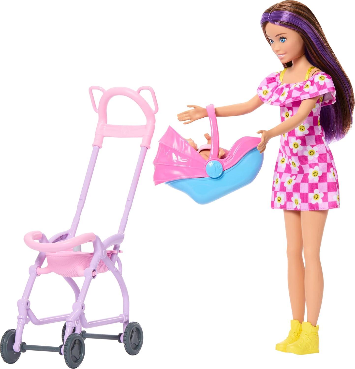 imageBarbie Skipper Babysitters Inc Playset with Brunette Doll Brunette Toddler Doll High Chair amp 8 Accessories Including Food 2Stroller