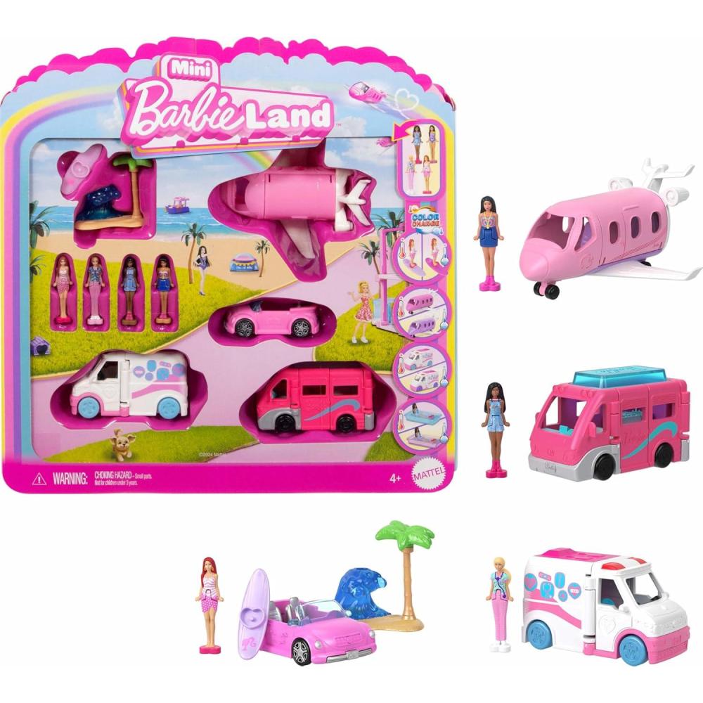 imageBarbie Mini BarbieLand MultiPack Doll amp Toy Vehicle Set with 4 Dolls 15inches Tall amp 4 Iconic Vehicles with ColorChange SurpriseDolls  4 Vehicles  Accessories