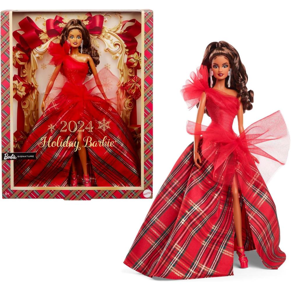 imageBarbie Signature 2024 Holiday Doll with Light Brown Hair in Plaid Gown Collectible Toy in Displayable PackagingMulticolor