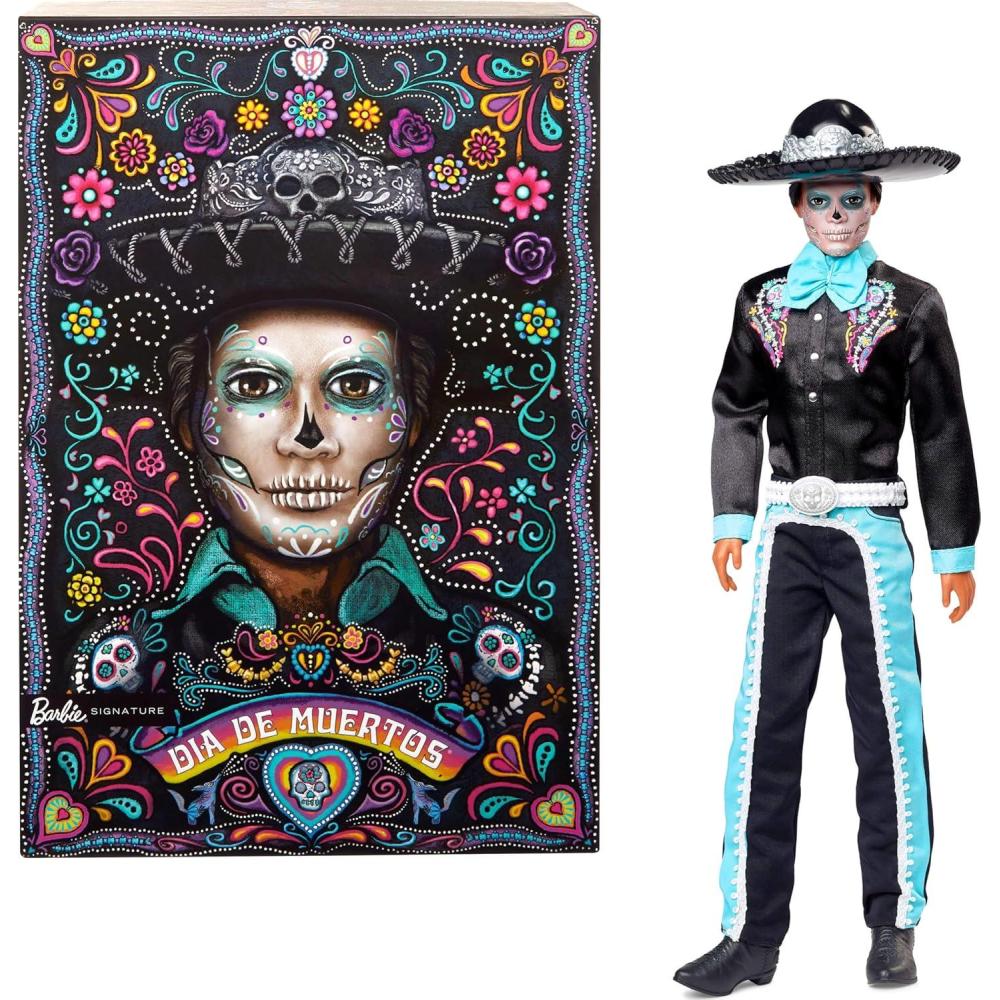 imageBarbie Signature Doll 2024 Da De Muertos Ken Collectible in Black Suit with Sky Blue Accents Hat and Belt Accessories