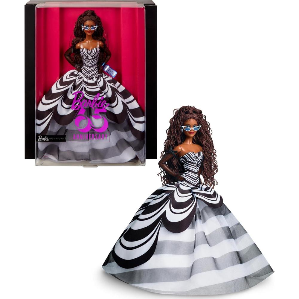 imageBarbie Signature Doll 65th Anniversary Collectible with Brown Braided Hair Black amp White Gown Sapphire Gem Earrings amp Sunglasses