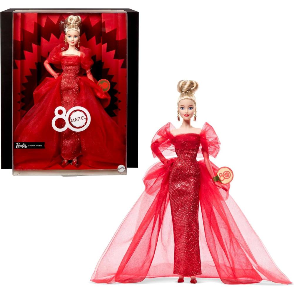 imageBarbie Signature Doll Mattel 80th Anniversary Collectible in Glittery Red Tulle Gown with Drop Earrings and Sheer Gloves Blonde Hair
