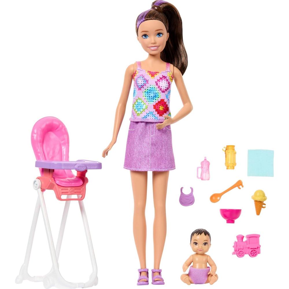 imageBarbie Skipper Babysitters Inc Playset with Brunette Doll Brunette Toddler Doll High Chair amp 8 Accessories Including Food 2Highchair Skipper