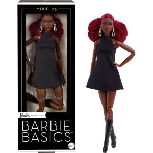 Barbie Basics Model 03 Collector Doll with Red Curly Hair, Black Mini Dress & Boots, Universal-fit Fashions, Posable Tall Body & Swappable Doll Head