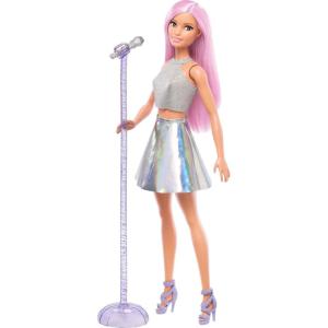 Barbie Careers Fashion Doll & Accessory, Pop Star with Pink Hair & Brown Eyes Wearing Iridescent Skirt with Microphone(Pe à Moyen)
