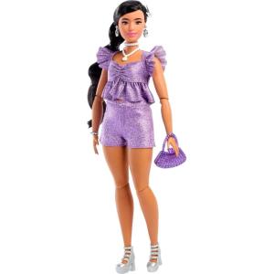 Barbie Deluxe Style Doll #6 in Metallic Coral Pink Dress with Bubble Hem, Black Hair in Ponytail, Accessories Like Sunglasses, Jewelry and Handbag(Metallic Purple Top and Shorts)