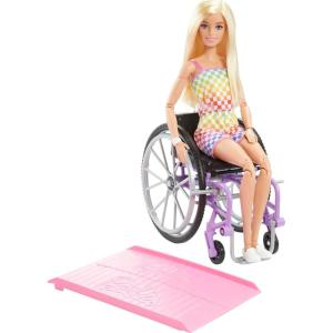 Barbie Doll with Wheelchair and Ramp, Kids Toys and Gifts, Blonde, Barbie Fashionistas, Rainbow Romper, Clothes and Accessories