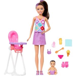 Barbie Skipper Babysitters, Inc. Playset with Brunette Doll, Brunette Toddler Doll, High Chair & 8 Accessories Including Food 2(Highchair Skipper)