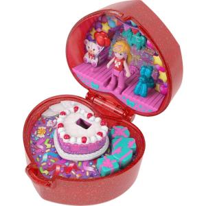 Polly Pocket Mattel 80th Anniversary Compact Playset, Jewelry Box with Doll, Balloon Pet, and Wearable Ring, Ring Box with Celebration Theme