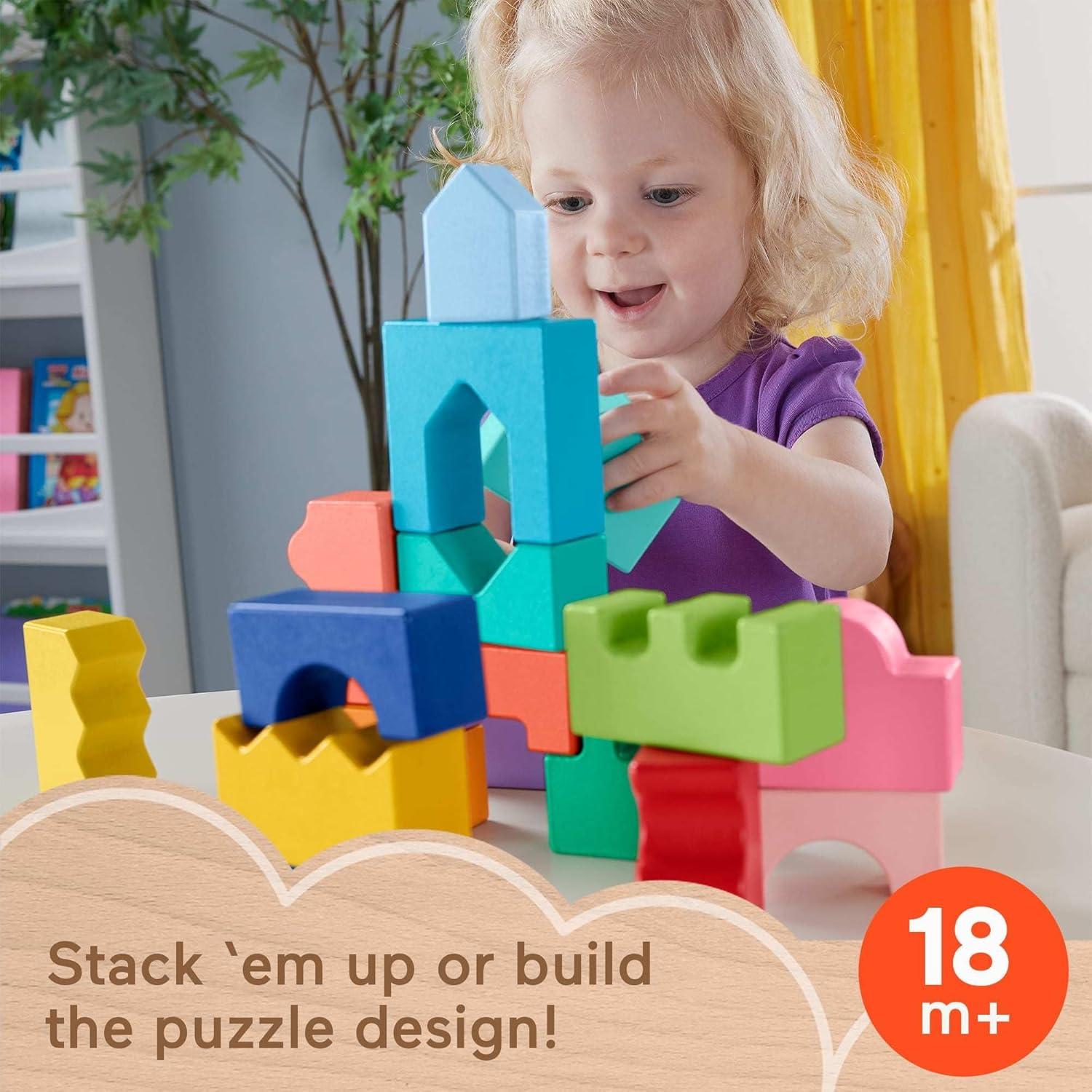 imageFisherPrice Wood Toddler Toy Interlocking Blocks Stacking Jigsaw Puzzle with 20 Wooden Pieces for Kids Ages 18 Months