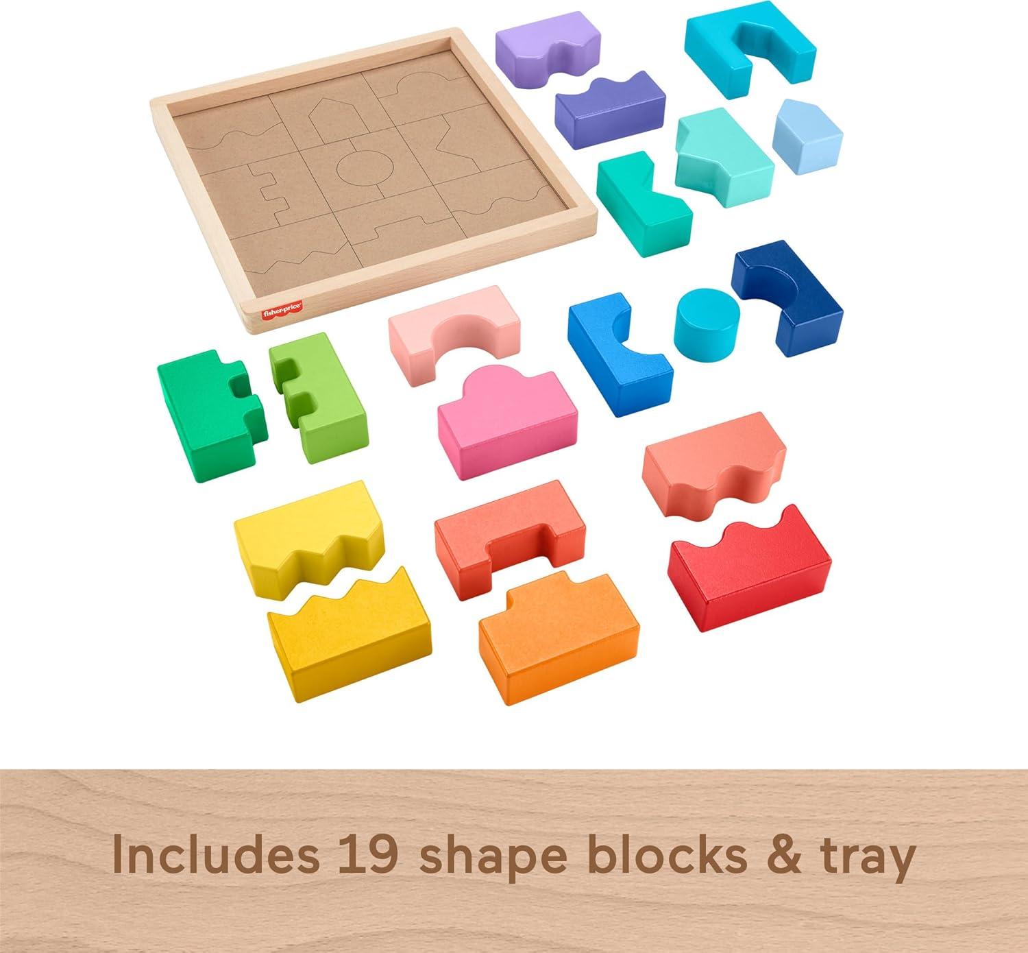 imageFisherPrice Wood Toddler Toy Interlocking Blocks Stacking Jigsaw Puzzle with 20 Wooden Pieces for Kids Ages 18 Months