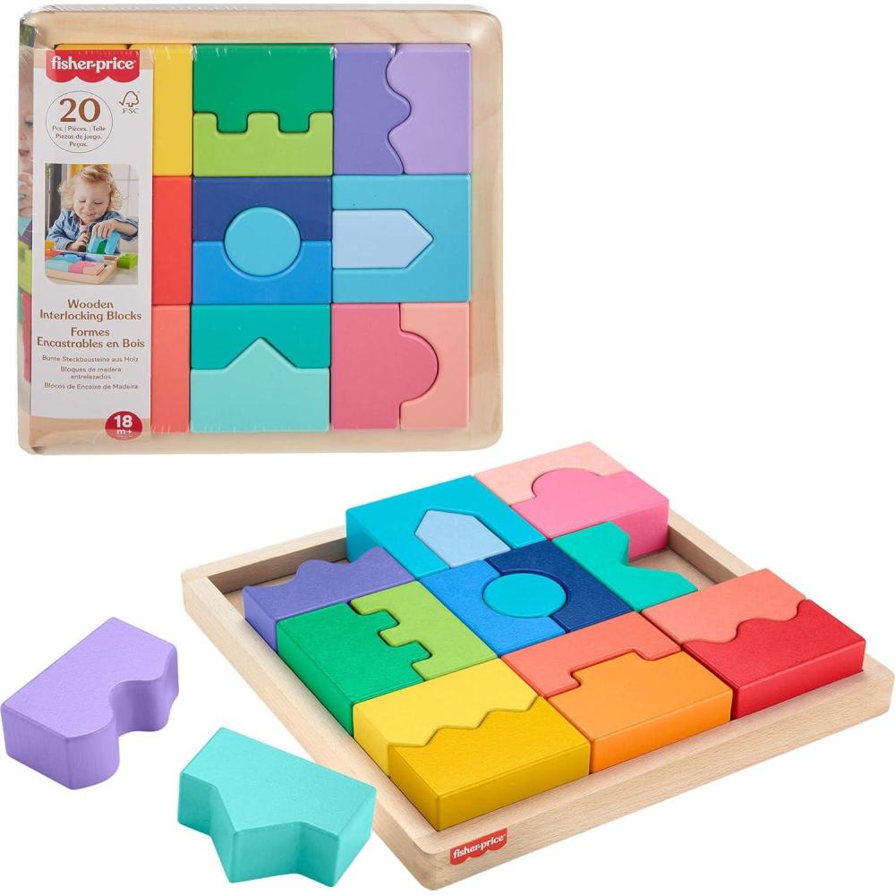 imageFisherPrice Wood Toddler Toy Interlocking Blocks Stacking Jigsaw Puzzle with 20 Wooden Pieces for Kids Ages 18 Months
