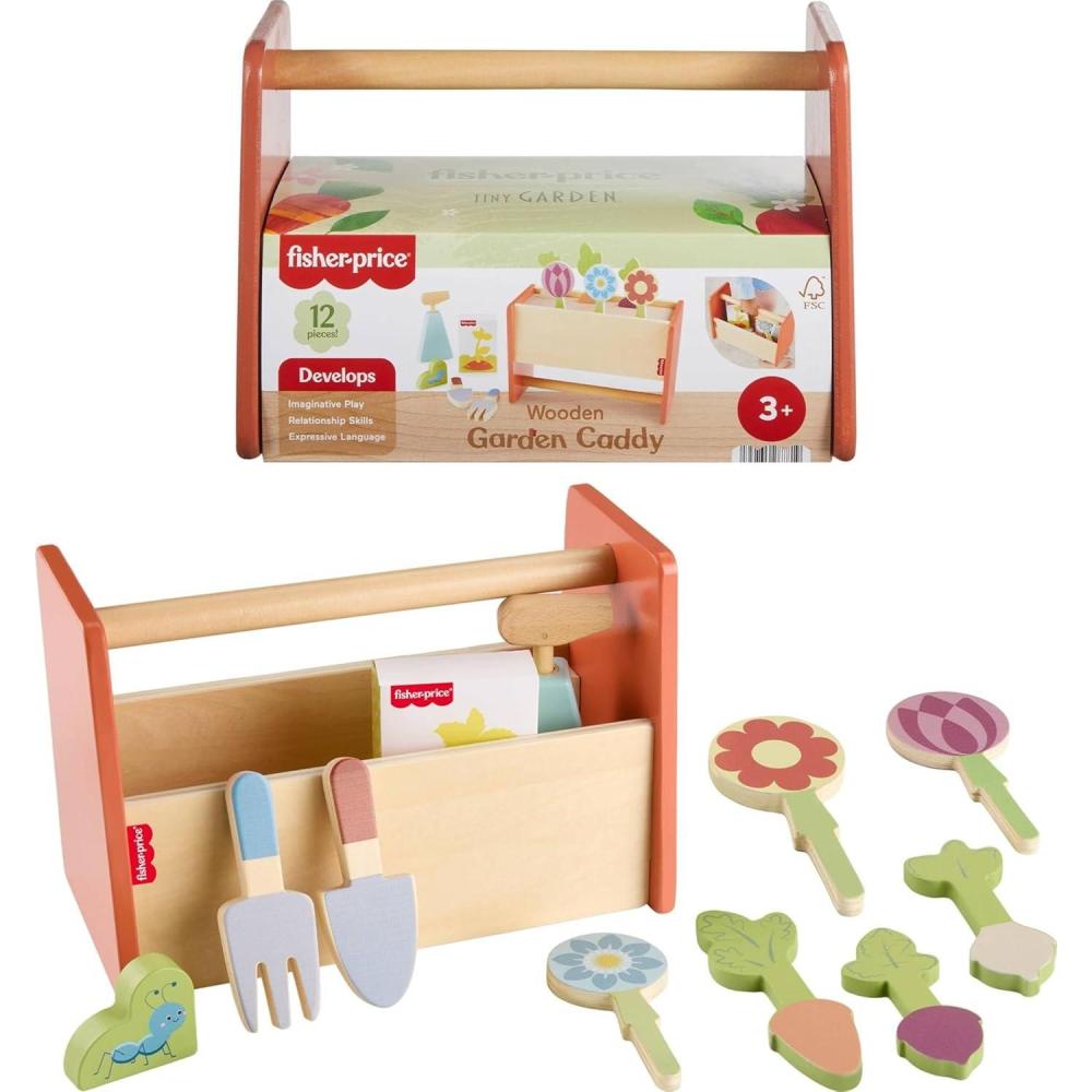 imageFisherPrice Wood Pretend Play Toy Tiny Garden Caddy 12Piece Set with Wooden Tools amp Plants for Preschool Kids Ages 3 Years Amazon Exclusive