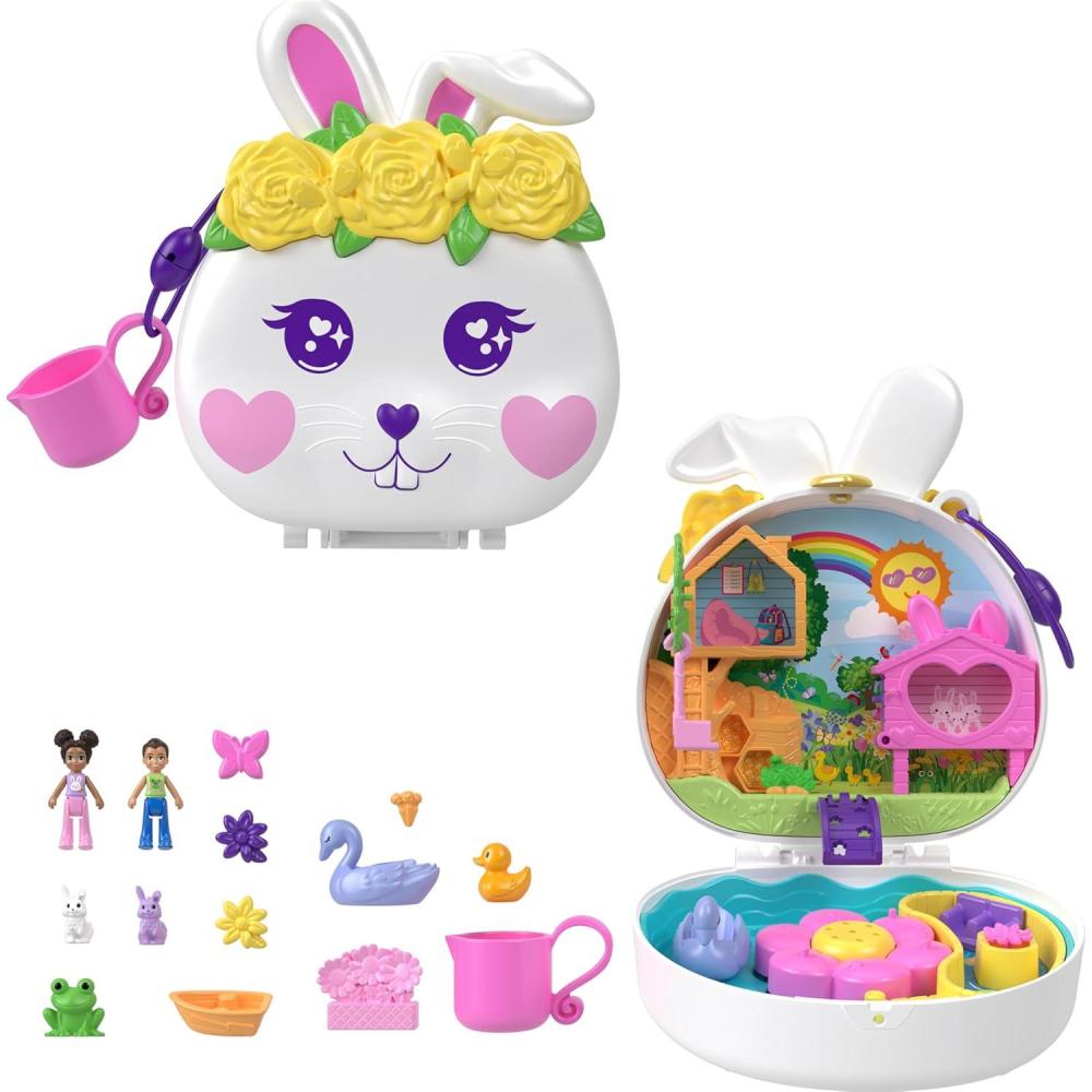 imagePolly Pocket Flower Garden Bunny Compact Playset with 2 Micro Dolls amp 12 Accessories Including 2 with Color ChangeBunny