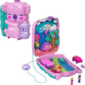 Polly Pocket Dolls & Accessories, Koala Purse Playset with 2 Micro Dolls, 1 Toy Car & 5 Animals, 2-in-1 Travel Toy(Koala)