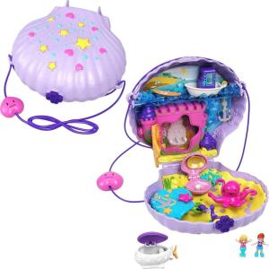 Polly Pocket Dolls & Accessories, Koala Purse Playset with 2 Micro Dolls, 1 Toy Car & 5 Animals, 2-in-1 Travel Toy(Seashell)