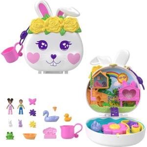 Polly Pocket Flower Garden Bunny Compact Playset with 2 Micro Dolls & 12 Accessories, Including 2 with Color Change(Bunny)