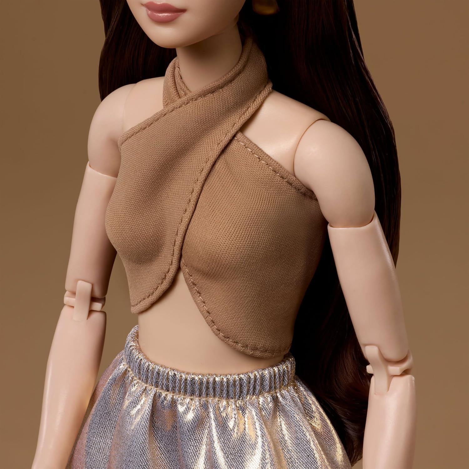 imageBarbie Basics Model Collector Fashion Doll 08 with Brunette Hair in Tan Dress amp Strappy Heels Universalfit Fashions amp Posable BodyGold Skirt