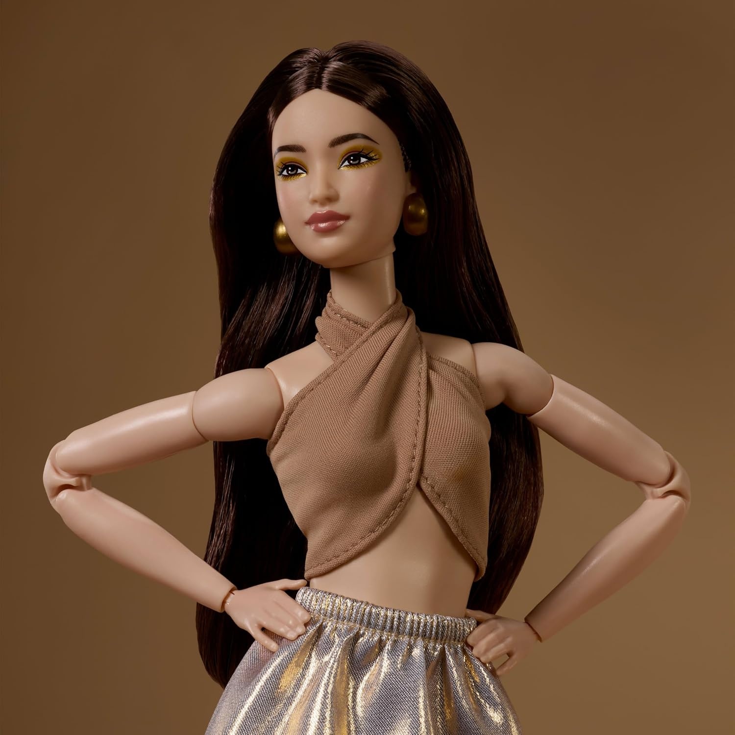 imageBarbie Basics Model Collector Fashion Doll 08 with Brunette Hair in Tan Dress amp Strappy Heels Universalfit Fashions amp Posable BodyGold Skirt