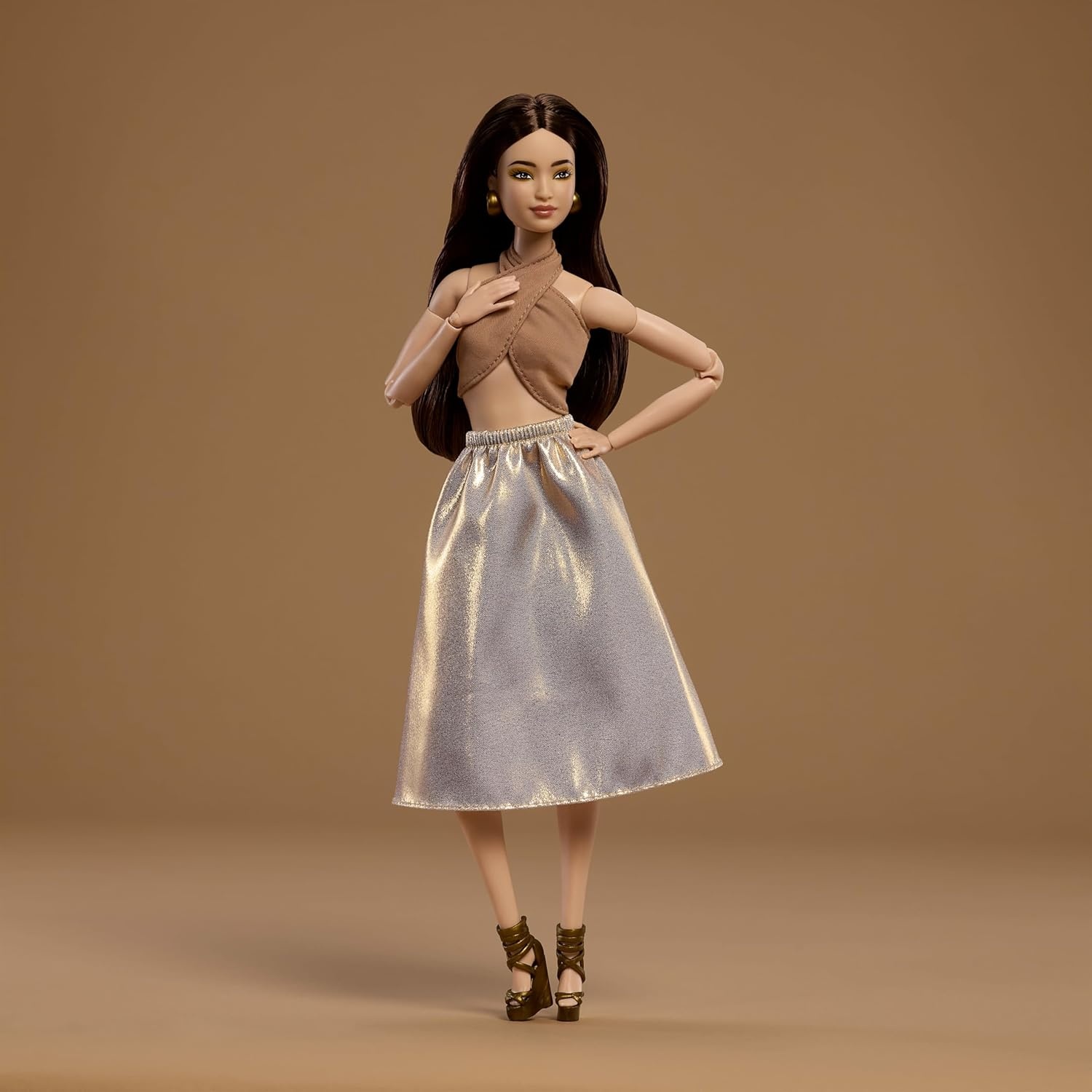 imageBarbie Basics Model Collector Fashion Doll 08 with Brunette Hair in Tan Dress amp Strappy Heels Universalfit Fashions amp Posable BodyGold Skirt